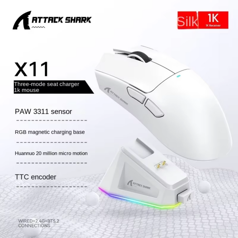 Attack shark x11 paw3311, mouse bluetooth branco, conexão tripla, toque doca de