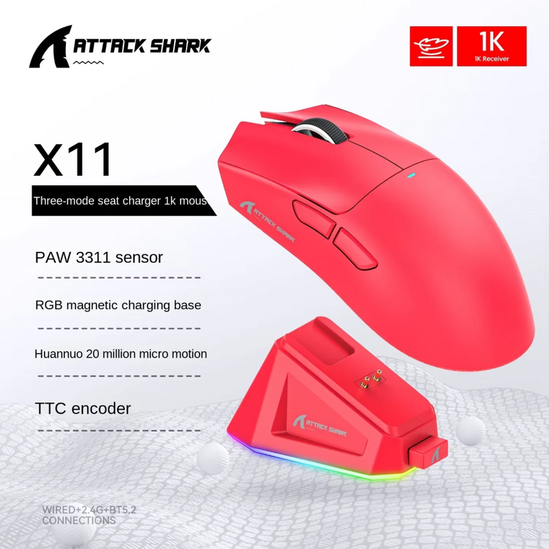 Attack shark x11 paw3311, mouse bluetooth branco, conexão tripla, toque doca de