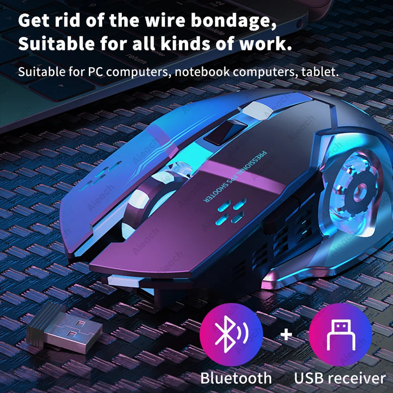 AIEACH-Mouse de computador para jogos sem fio Bluetooth, Recarregável, USB, Mec