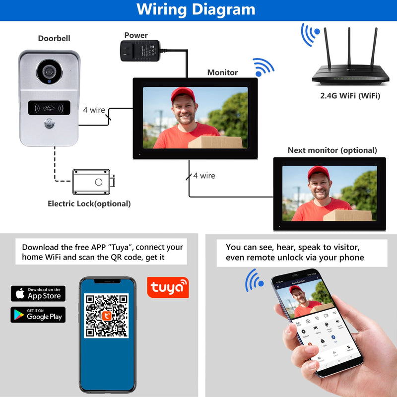 Sistema de campainha de vídeo wi-fi sem fio, câmera de porta de interfone 1080