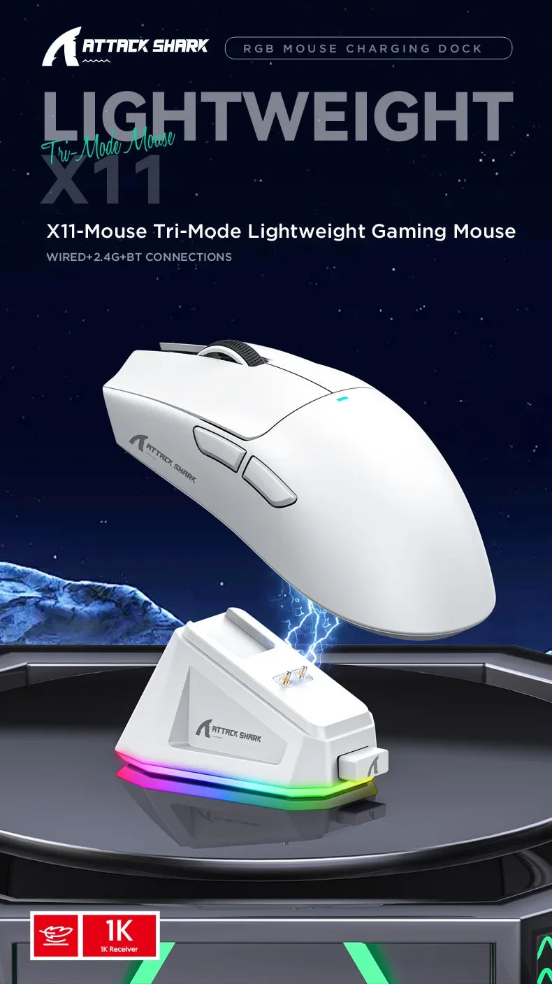 Attack shark x11 paw3311, mouse bluetooth branco, conexão tripla, toque doca de