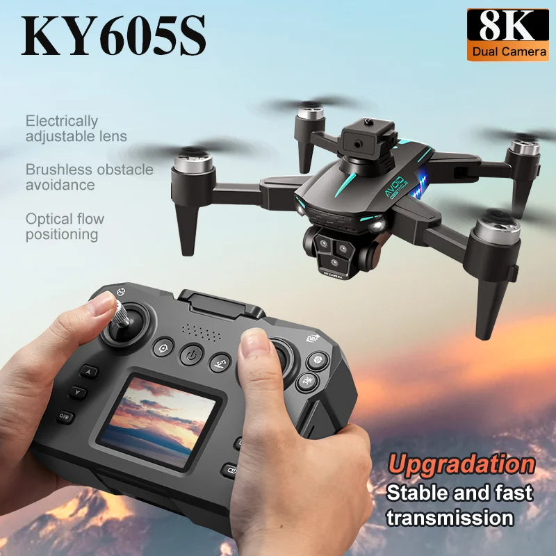 Novo drone ky605s com tela 8k profissional três câmeras localização de fluxo