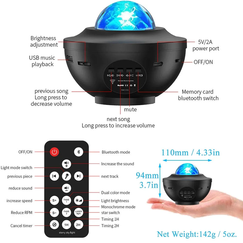 Novo led galáxia projetor luz noturna presente da criança usb bluetooth leitor