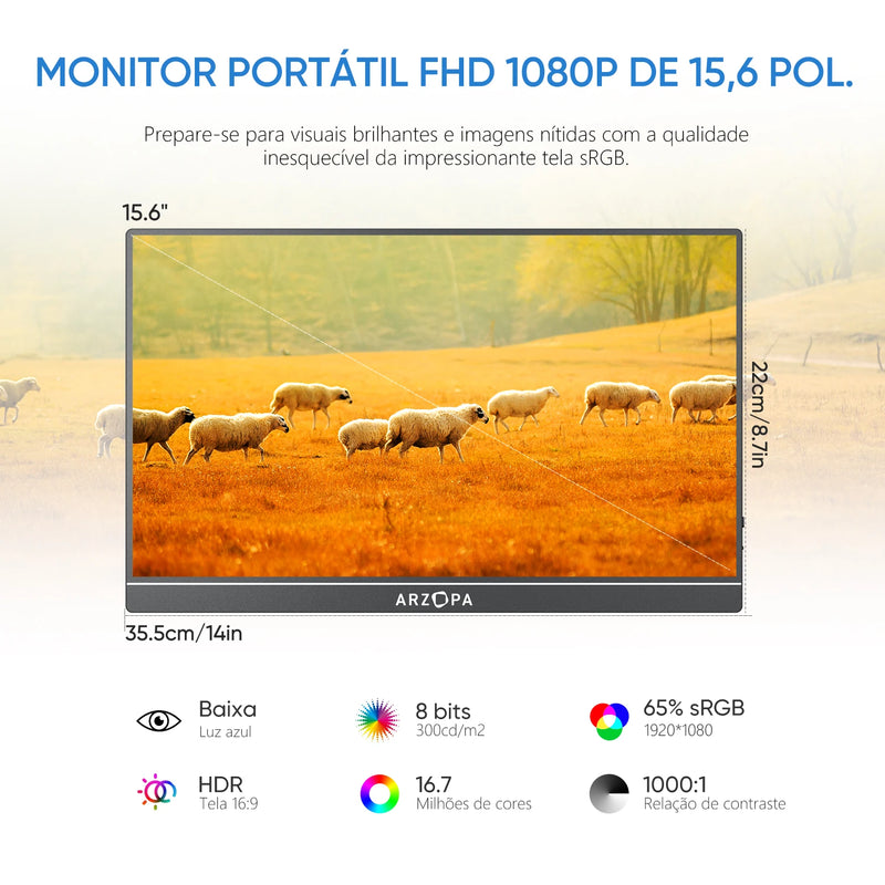 [produto no brasil]ARZOPA Monitor portátil de 15,6 polegadas 1080P FHD, tela IP