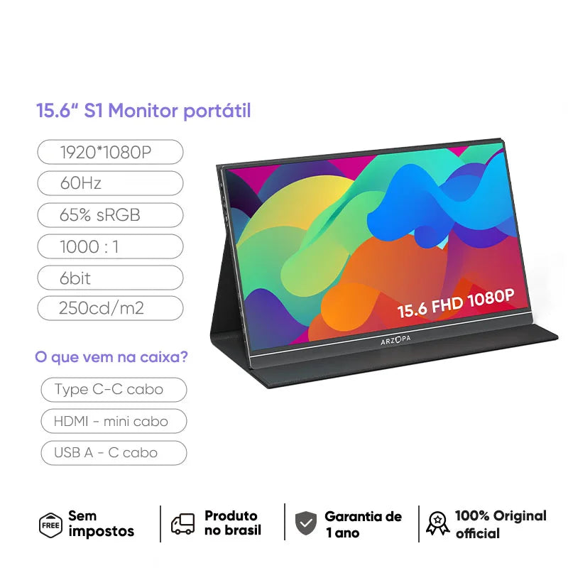 [produto no brasil]ARZOPA Monitor portátil de 15,6 polegadas 1080P FHD, tela IP