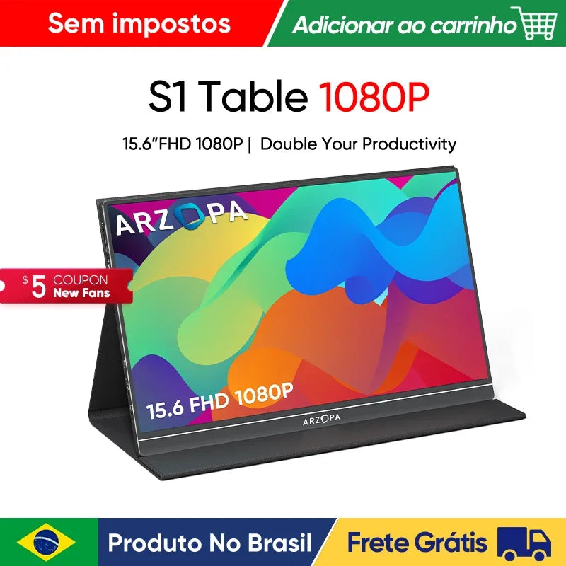 [produto no brasil]ARZOPA Monitor portátil de 15,6 polegadas 1080P FHD, tela IP