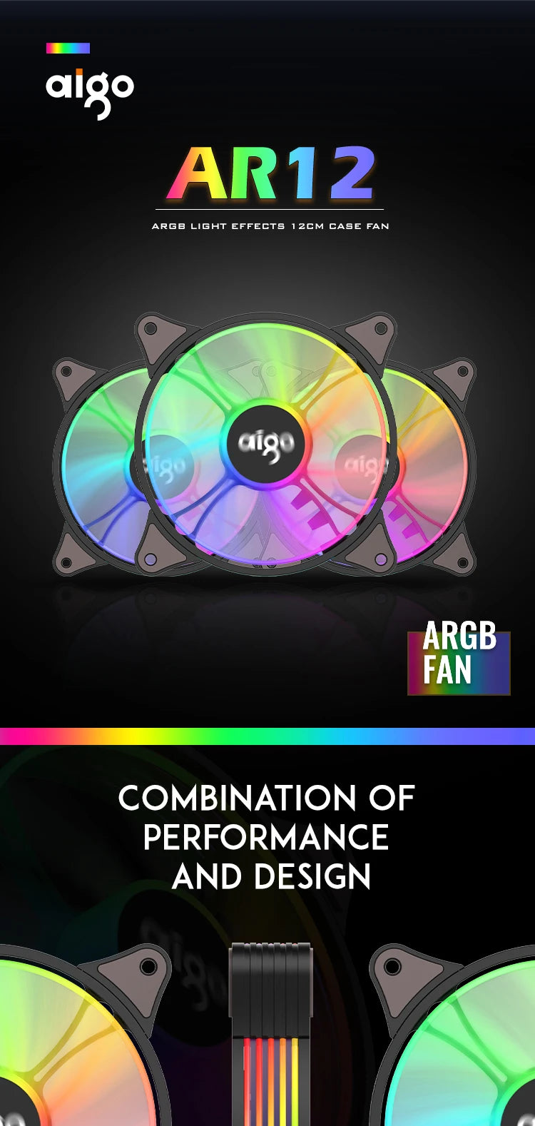 Aigo ar12 120mm pc gamer computador caso ventilador rgb 12v dissipador de calor