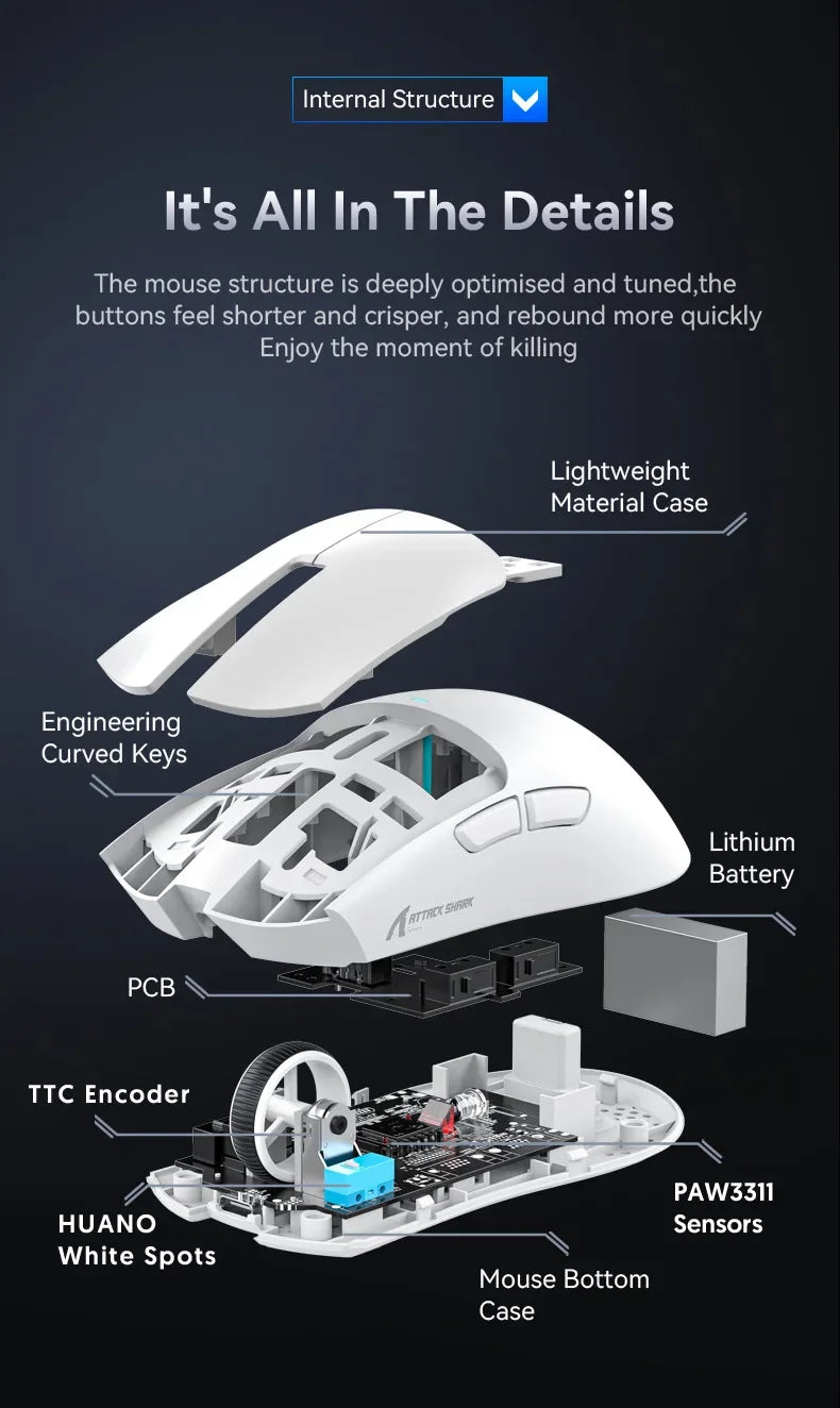 Attack shark x11 paw3311, mouse bluetooth branco, conexão tripla, toque doca de