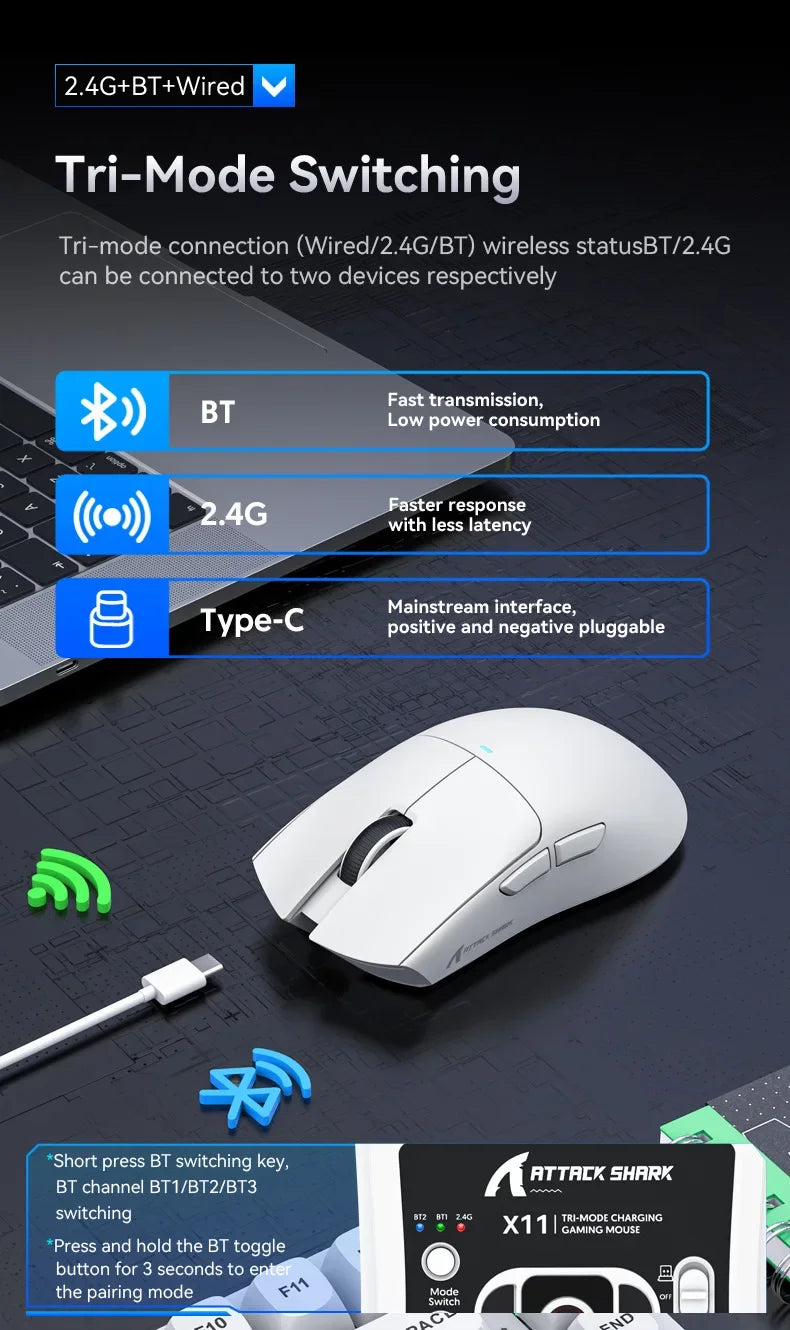 Attack shark x11 paw3311, mouse bluetooth branco, conexão tripla, toque doca de