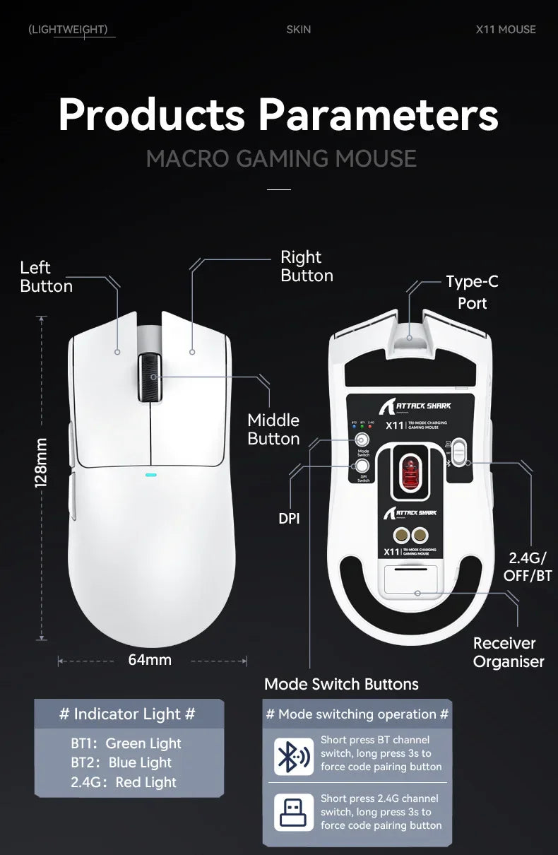 Attack shark x11 paw3311, mouse bluetooth branco, conexão tripla, toque doca de