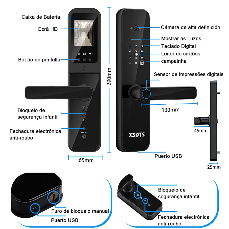 XSDTS Tuya WiFi Câmara Fechadura Eletrônica Inteligente, Impressão biométric