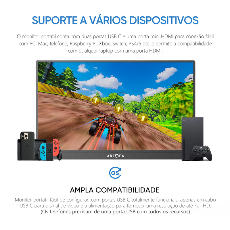 [produto no brasil]ARZOPA Monitor portátil de 15,6 polegadas 1080P FHD, tela IP