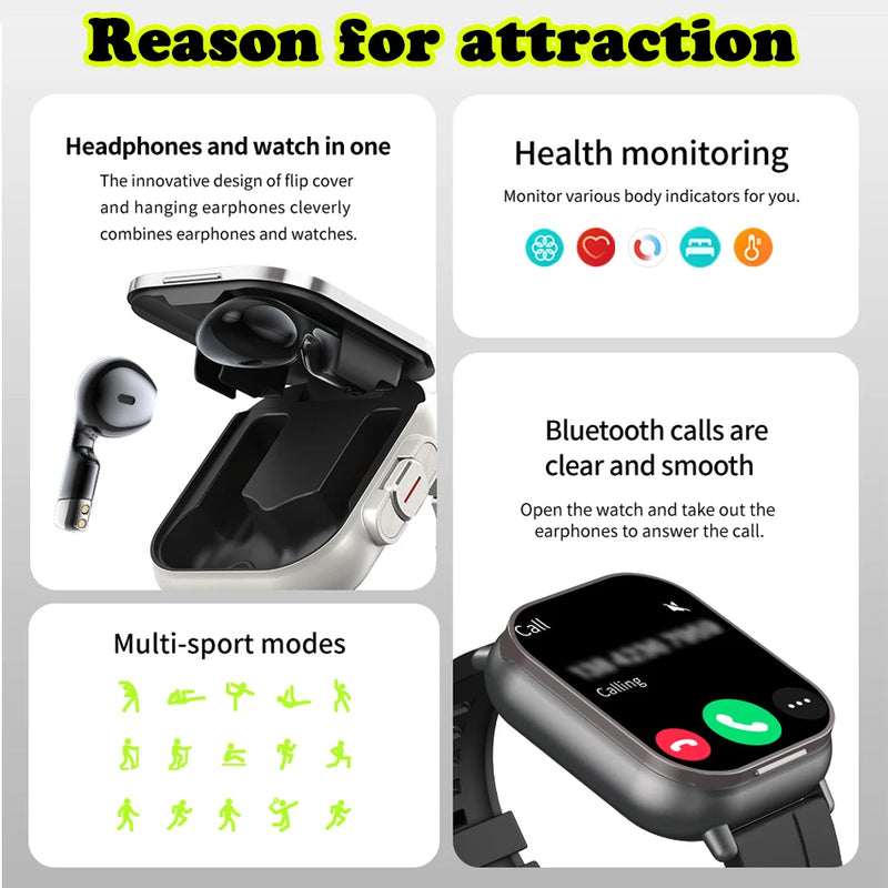 Relógio inteligente 2 em 1 com fone de ouvido smartwatch bluetooth chamada