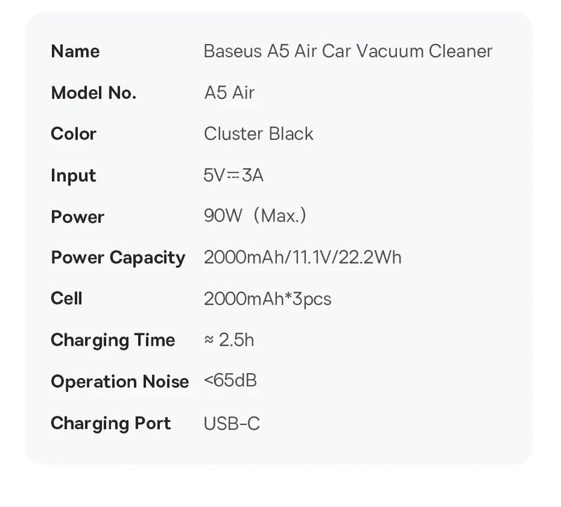 Aspirador de pó para carro Baseus a5 2-em-1 poderoso limpador sem fio forte