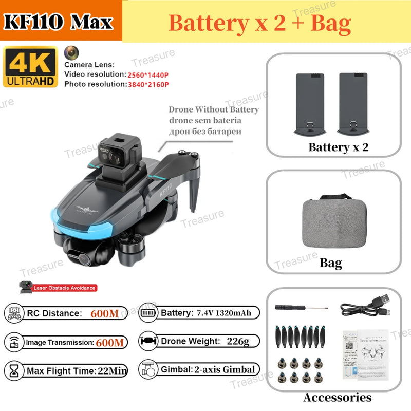 KF110 MAX Mini Drone Com Câmera Dupla 4K HD 5G WiFi GPS Gimbal de 2 Eixos Quadr