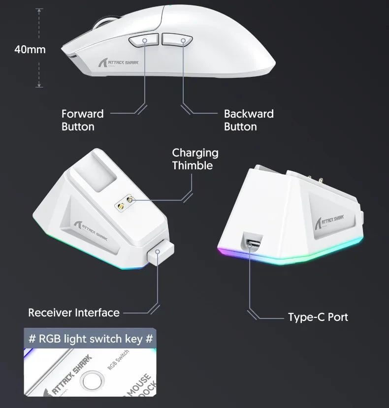 Attack shark x11 paw3311, mouse bluetooth branco, conexão tripla, toque doca de