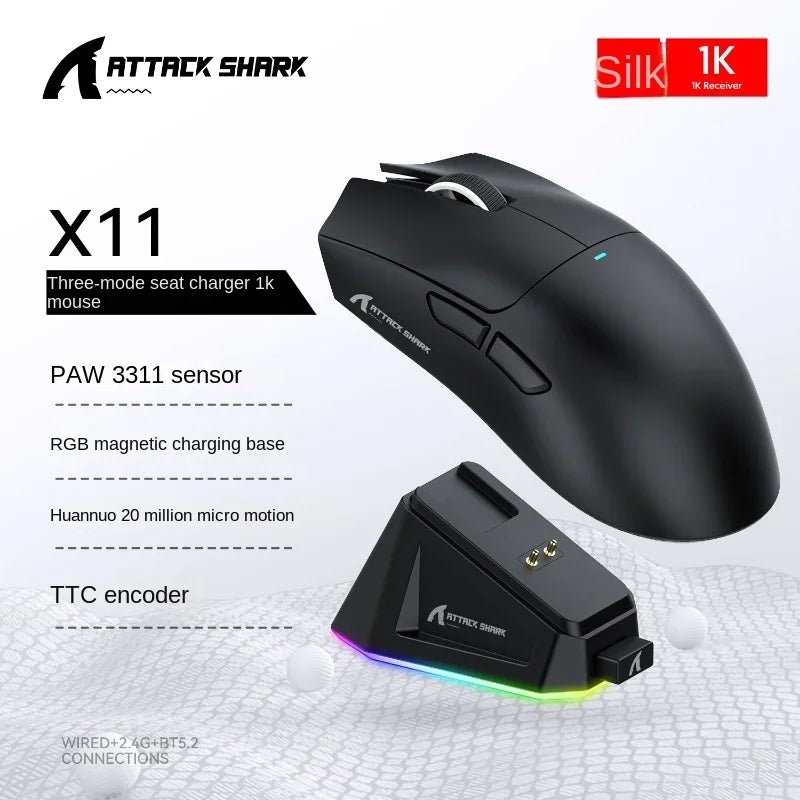 Attack shark x11 paw3311, mouse bluetooth branco, conexão tripla, toque doca de